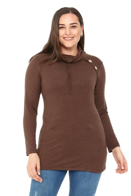 Plus Size Drawstring Degaje Collar Wool Viscose Brown Blouse with Button Detail on the Shoulder