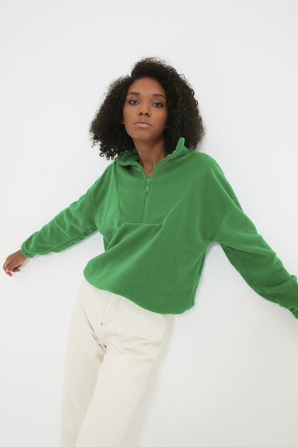 Hanorac tricotat fleece cu fermoar verde smarald TWOAW21SW0758