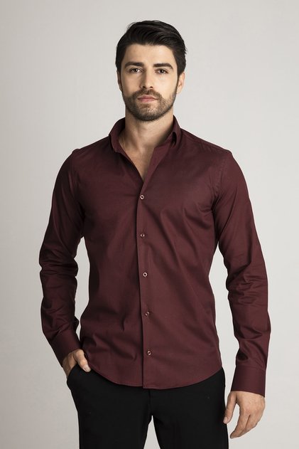 Erkek Bordo %100 Pamuk Saten Non-ıron Ütü Istemeyen Casual Cepsiz Modern Fit Gömlek