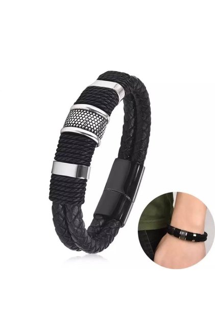 Men's Leather Bracelet Stainless Steel Metal Silver Bracelet Black