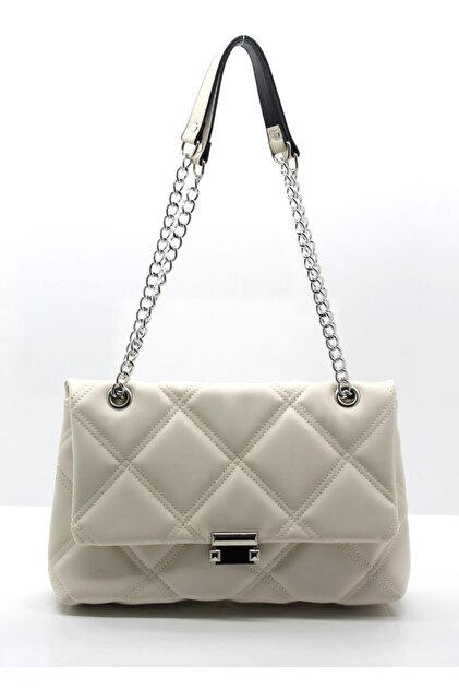 Women's Quilted Embroidered Silver Chain Crossbody Bag