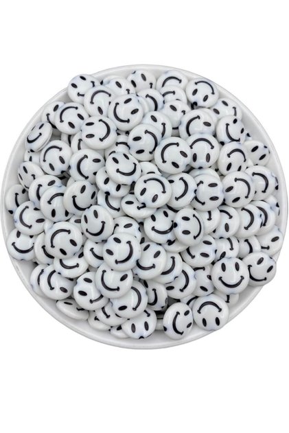 14mm Black Flat Smile on White Background, Smiley Face, Smiling Face Beads (25 Gr, ~45 Pieces)
