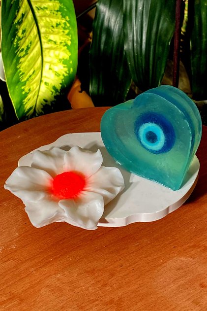 2-Piece Decorative Gift Heart Model Bath Soap with Water Lily Flower Figure and Evil Eye Beads