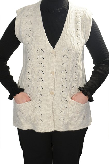Women's Cream V-Neck Chain Knitted Wool Knitwear Mother Vest