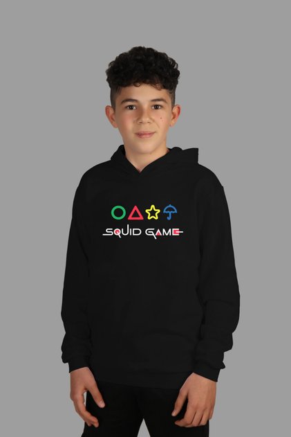 Kids Black Hooded Sweatshirt Squid Game Digital Printed Two Threads with Ribbon Inside