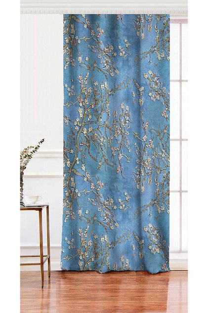 Single Wing Oil Paint Blue Tree Motifs Digital Printed Living Room Background Curtain