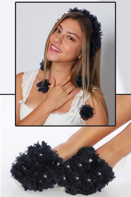 Women's Navy Blue Dangled Crown and Beylem Maternity Slippers Set