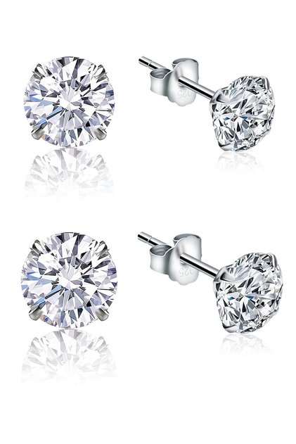 925 Ayar Gümüş, 2'li Set 3mm,4mm Yuvarlak, Beyaz Tektaş, Zirkon, Pimli Küpe