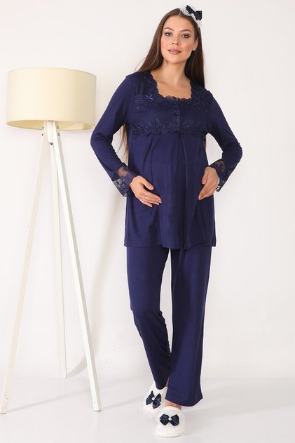 Women's Navy Blue Lace Detailed Maternity Pajamas