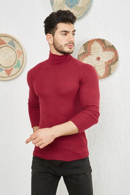 Erkek Bordo Boğazlı Triko Lycra Kazak