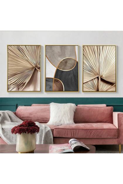 Altın Metal Çerçeveli 50x70cm Üçlü Altın Palmiye Soyut Kanvas Tablo Kod: Y876-k-a