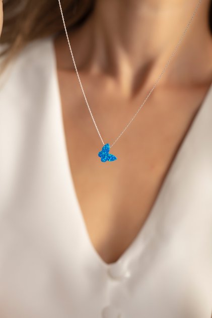 925 Ayar Gümüş Opal Taşlı Kelebek Kolye
