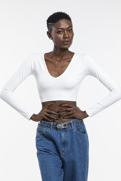 Kadın Ekru Crop V Yaka Spor Büstiyer