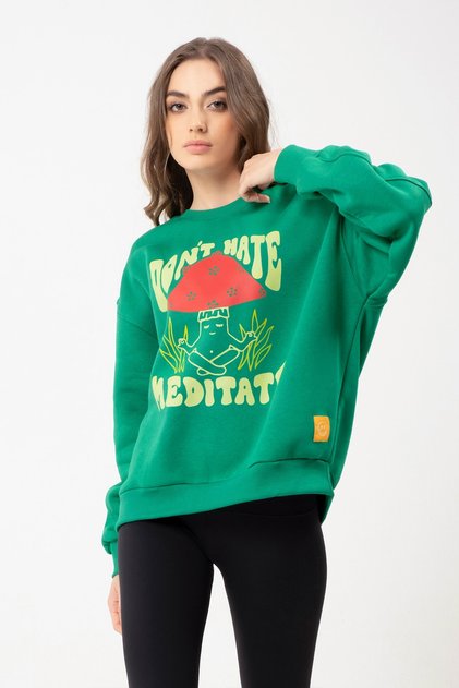 Eazy Meditate Oversize Unisex Green Crew Neck Sweatshirt