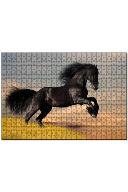 Wild Black Horse Running on the Meadow 1000 Piece Puzzle Jigsaw Puzzle Mdf (wood)