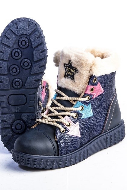 Girl's Navy Blue Star Kids Sheepskin Boots