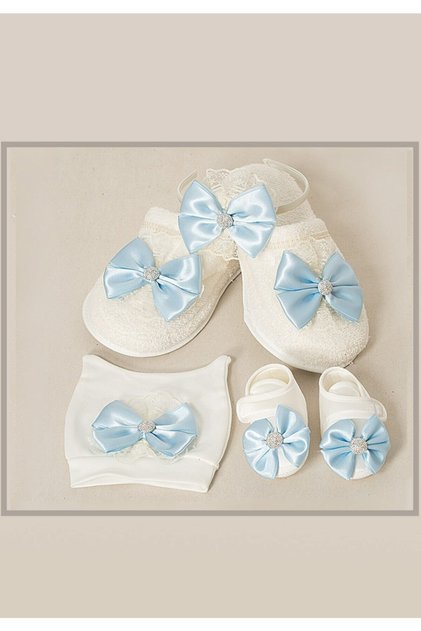Women's Blue Bow Mother Baby Slippers and Hat Set