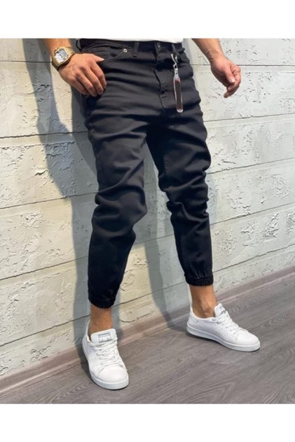 Men's Black Elastic Leg Boyfriend Jeans
