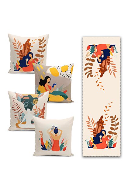 4+1 Special Design Digital Printed Runner & Throw Pillow Cover Set