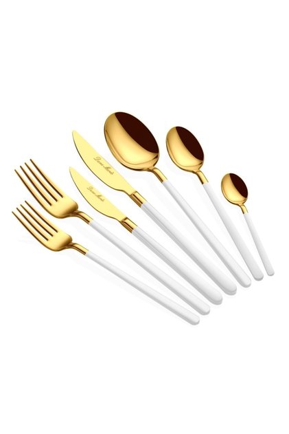 Allegra 42 Piece White Gold 6 Person Fork Spoon Knife Set