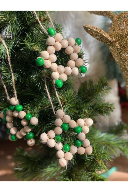 Anul Nou, Anul Nou, design special cu margele din lemn, stea mare, ornament de decorare, culoare verde alb, 1 bucată