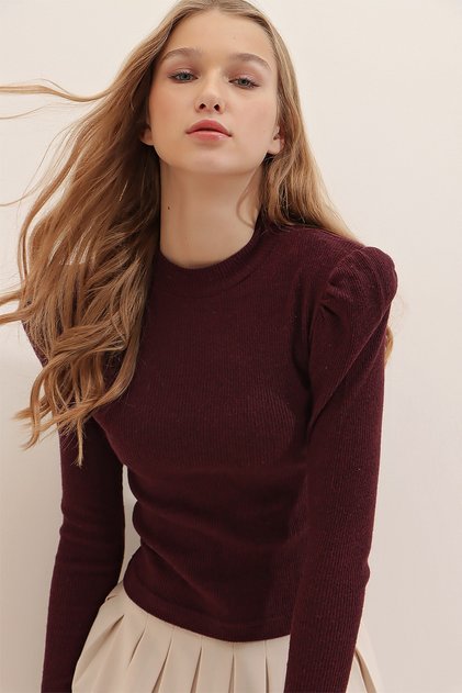 Kadın Bordo Prenses Kol Yarım Balıkçı Şardonlu Crop Bluz ALC-X5042
