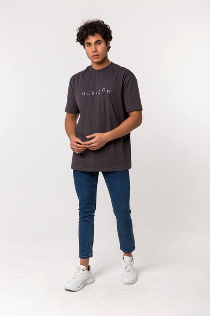 Horizon Embroidered Anthracite 100% Cotton Oversize Large Size T-shirt