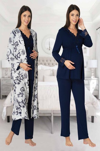Navy Blue Lace Detailed Long Sleeve Maternity Pajama Set with Dressing Gown