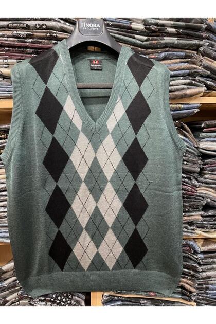Men's Khaki Green Checkered Patterned V-Neck Fine Knitwear Sweater