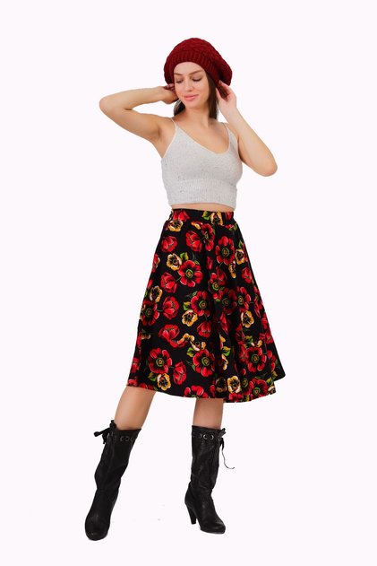 Divitin Flannel Elastic Waist Floral Lined Winter Flared Skirt