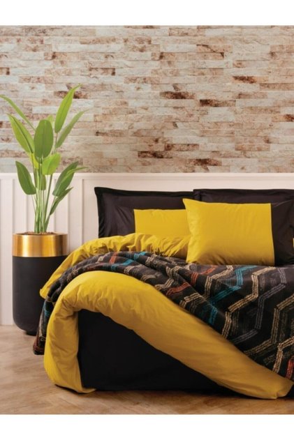 Cotton Box New Season Double Duvet Cover Set with Blanket - Tidy - Mustard / Black