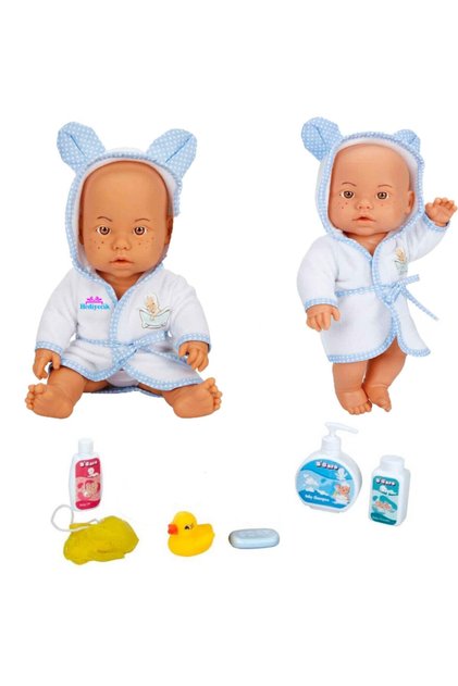 Oyuncak Banyo Yapan Bornozlu Et Bebek Oyun Seti Mavi 35cm