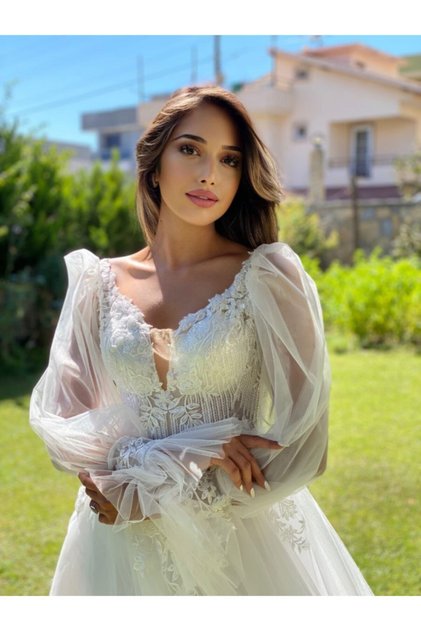 Omuzdan Askılı Balon Kollu Helen Gelinlik