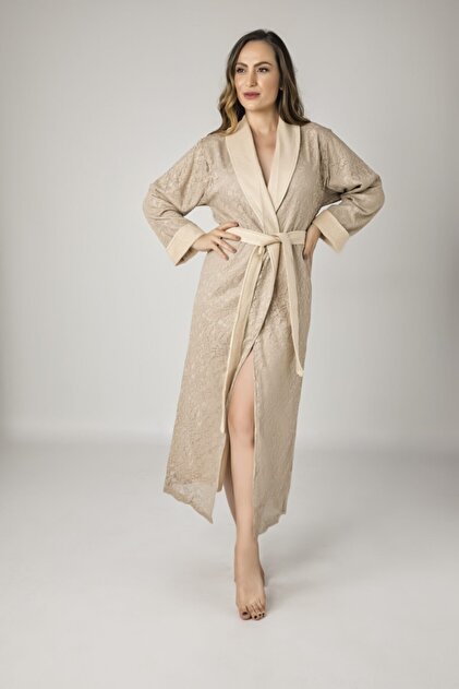 Nua Damen-Bademantel aus Bambus-Baumwolle in Beige mit Kordelzug- Trendyol