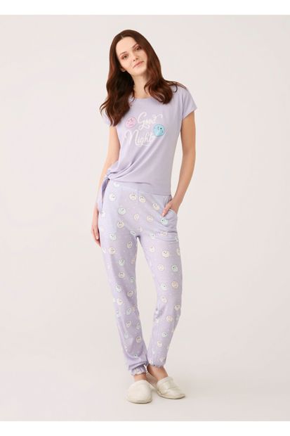 Dagi Kadın Lila Emoji Baskılı Modal Kumaş Yandan Bağlı O Yaka  Kısa Kol Pijama Takımı - 1