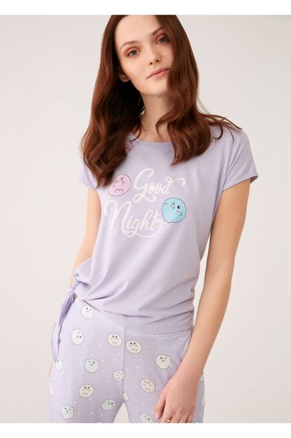 Dagi Kadın Lila Emoji Baskılı Modal Kumaş Yandan Bağlı O Yaka  Kısa Kol Pijama Takımı - 4