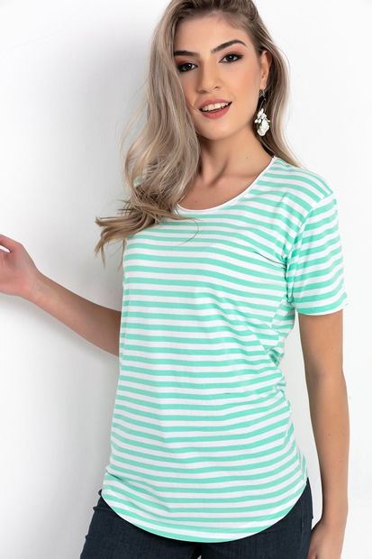 Zafoni Kadın Yeşil Çizgili Çift Renk T-shirt - 3