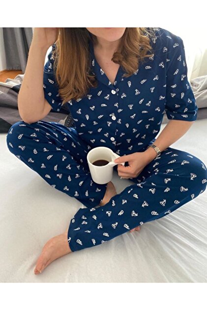Best HomeWear Kadın Lacivert Desenli Pijama Takımı - 1