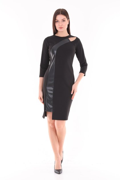 Crew Neck Front Leather Detailed Single Shoulder Low-cut Mini Dress