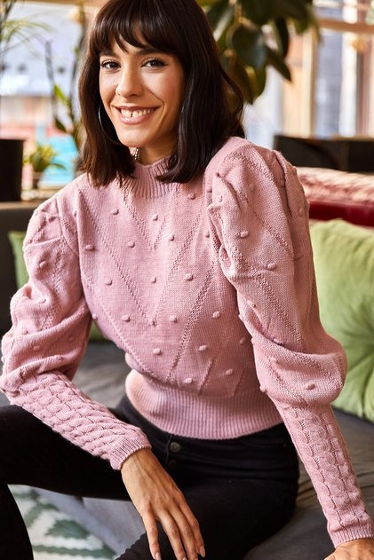 Women's Dusty Rose Tiny Pom-Pom Sleeve Detailed Over-the-Waist Knit Sweater KZK-19000253
