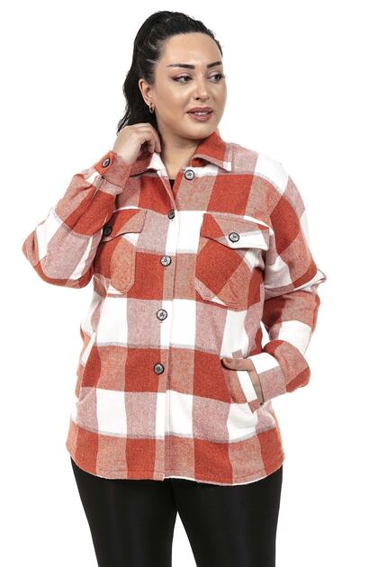 Plus Size Pocketed Plaid Terracotta Color Shirt with Welt Pockets