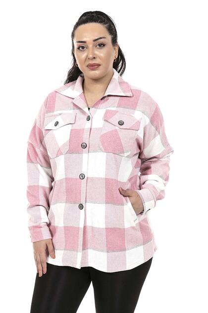 Large Size Fleto Pocket Plaid Pink Jacket Shirt