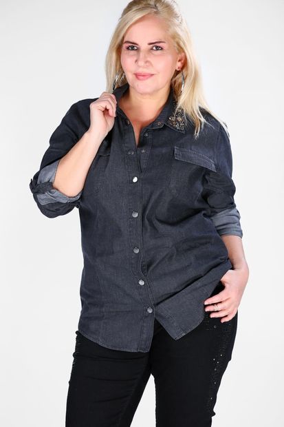 Nesrinden Kadın Siyah Yaka Taş İşlemeli Kot Gömlek - 1