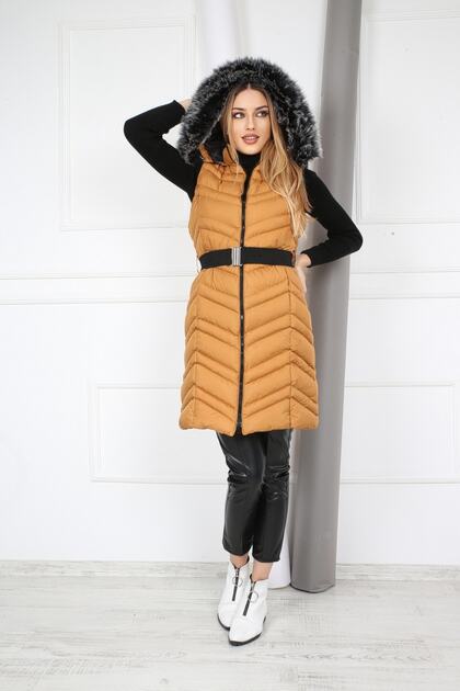 Women's Mustard Plush Hooded Long Puffer Vest