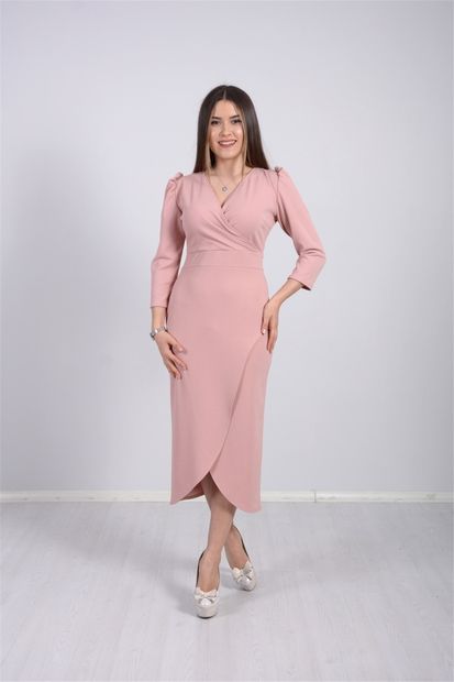 giyimmasalı Kadın Pudra Krep Kumaş Midi Boy Elbise - 4
