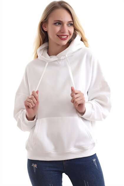boffin Kadın Beyaz İçi Pamuklu Oversıze Sweatshirt - 1