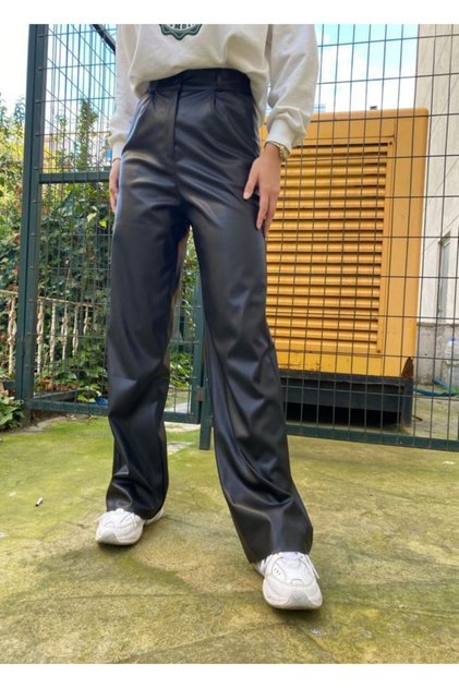 Women's Black Leather Palazzo Trousers