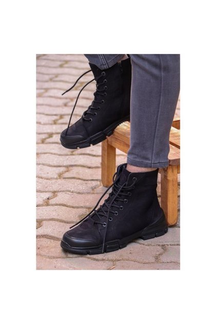 21520 Erkek Siyah Hakiki Deri Outdoor Günlük Casual Kauçuk Kaymaz Spor Postal Bot