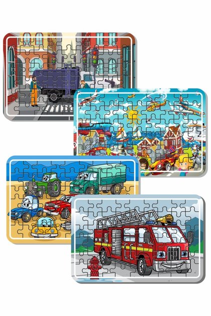 Çöp Kamyonu, Itfaiye Arabası Ve Taşıtlar 54 Parça 4'lü Ahşap Puzzle Set