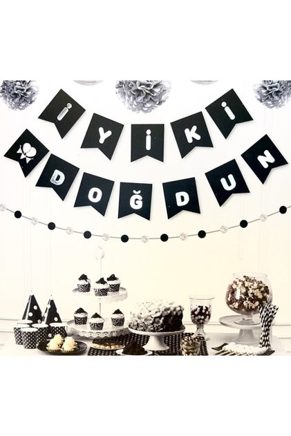 Black and Gray Gilded Happy Birthday Written Birthday Party Cardboard String Lettering Banner